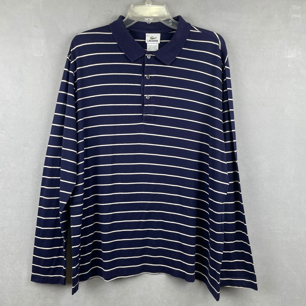 VTG Lacoste Men Navy Blue White Stripe Long Sleeve Polo Shirt 6 XL Cotton France
